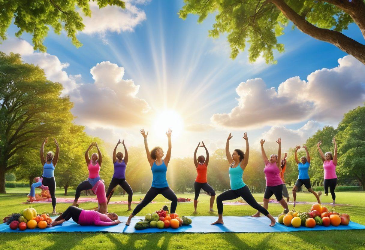A vibrant scene showcasing a diverse group of cancer survivors engaged in various forms of fitness, such as yoga and weightlifting, amidst a lush green park. Fresh, colorful fruits and vegetables are scattered around, symbolizing nutrition, while a glowing sun symbolizes hope and empowerment. The background features a blue sky with fluffy white clouds, creating a warm, inviting atmosphere. The artwork should convey strength, health, and community support. vibrant colors. super-realistic.