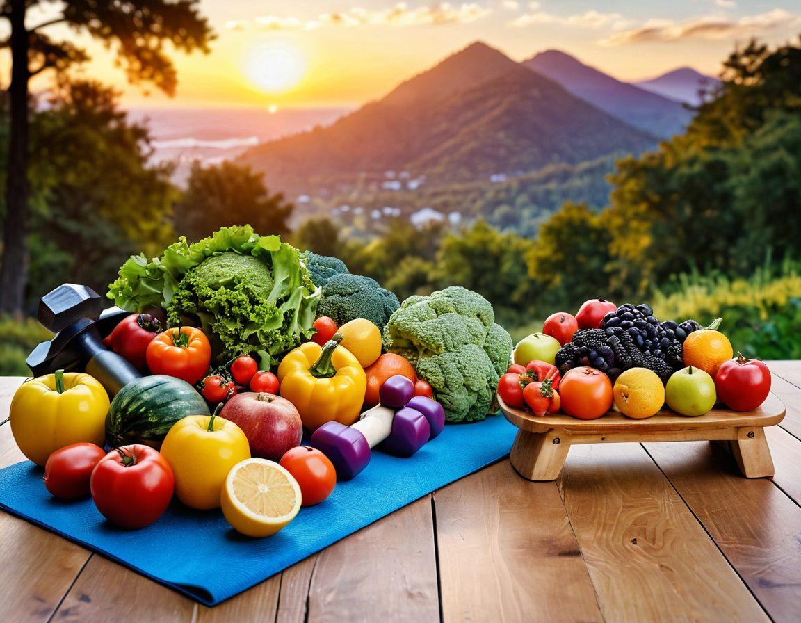 A serene scene depicting a well-balanced table with fresh, colorful vegetables, fruits, and whole grains alongside fitness equipment like dumbbells and yoga mats. In the background, a tranquil nature landscape with a sunrise symbolizes awakening and vitality. A harmonious blend of elements illustrating the connection between nutrition and fitness, emphasizing holistic well-being. vibrant colors. super-realistic. peaceful atmosphere.