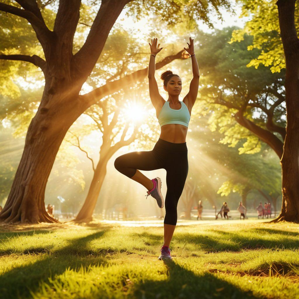 A dynamic scene capturing the essence of strength and resilience, showcasing diverse individuals engaging in various fitness activities like yoga, weightlifting, and running in a vibrant park setting. Sunlight filters through trees, illuminating their determined expressions, symbolizing hope and vitality. Include elements like inspirational quotes subtly integrated into the background. super-realistic. vibrant colors. energetic atmosphere.